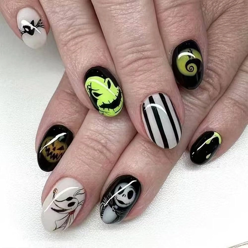 Lime Black Spooky Character Nails