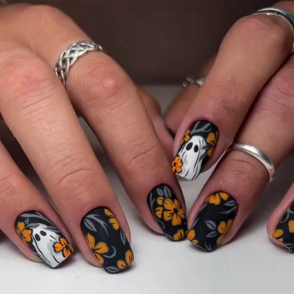 Black Orange Floral Ghost Nails