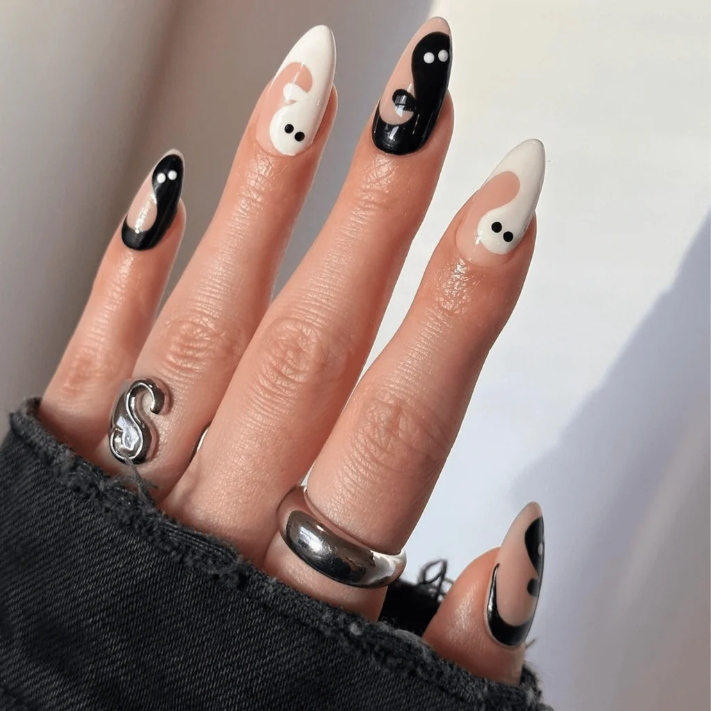 Yin-Yang Ghost Swirl Almond Nails