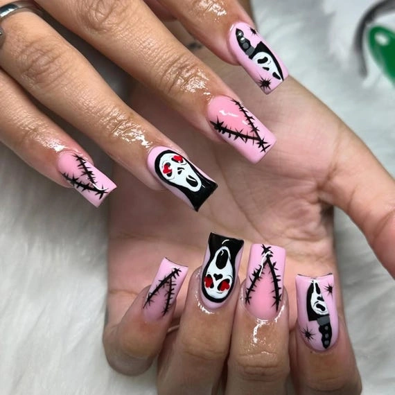 Pink Scream Stitch Coffin Nails