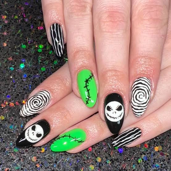 Neon Green Skeleton Stripe Nails