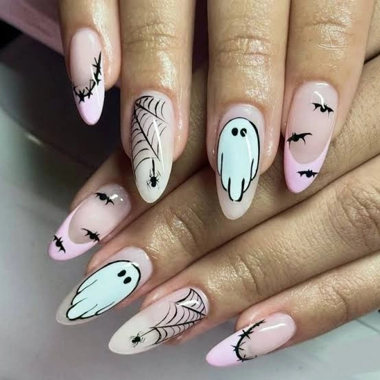 Blush Ghost Web Almond Nails