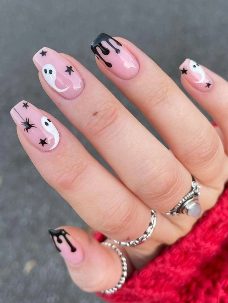 Pink Ghost Drip Square Nails