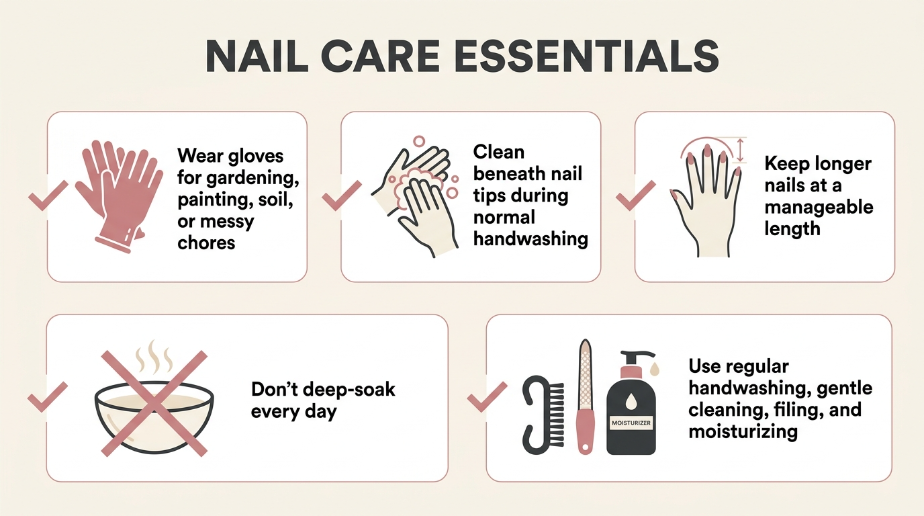 How can you keep fingernails cleaner between soaks?
