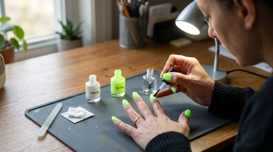 How do you apply glow-in-the-dark nail polish step by step?